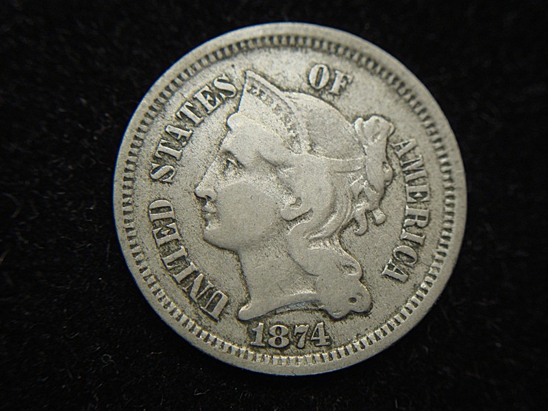 1874 Three Cent Nickel coin in excellent condition