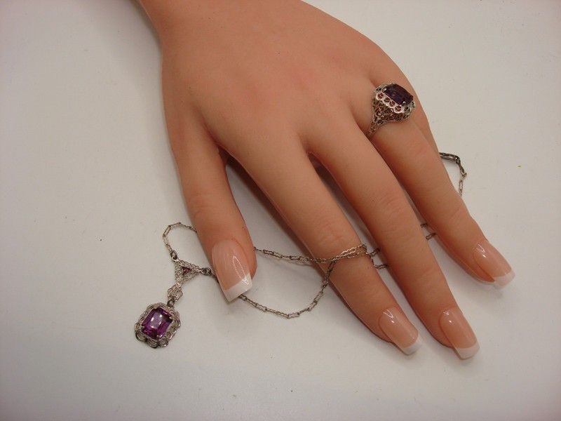 Art Deco Sterling Silver Filigree Necklace and Ring Set with Faux Amethyst