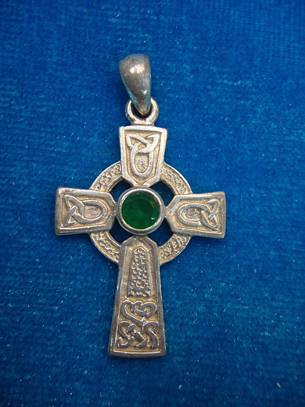 Sterling silver Celtic cross pendant with green stone, vintage design