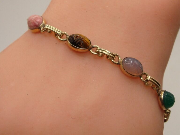 Vintage 10K gold filled bracelet with 8 genuine bezel-set scarabs