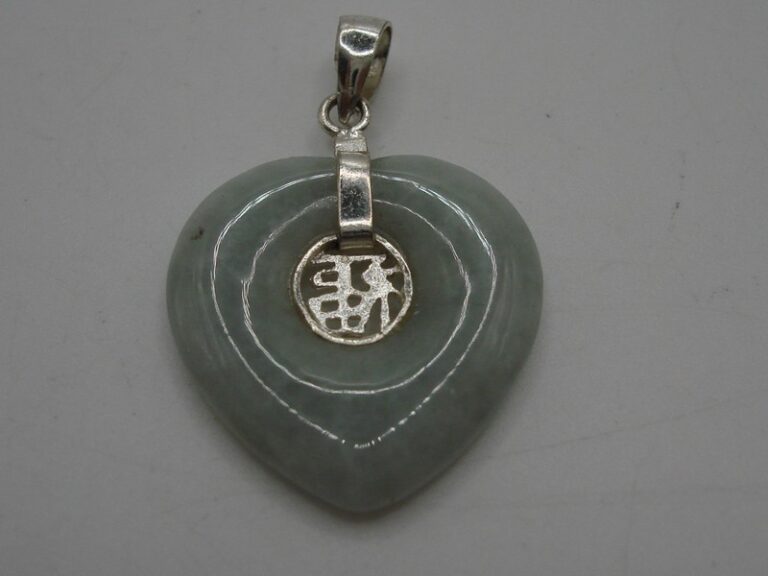 Genuine jadeite heart pendant with luck symbol in sterling silver 925