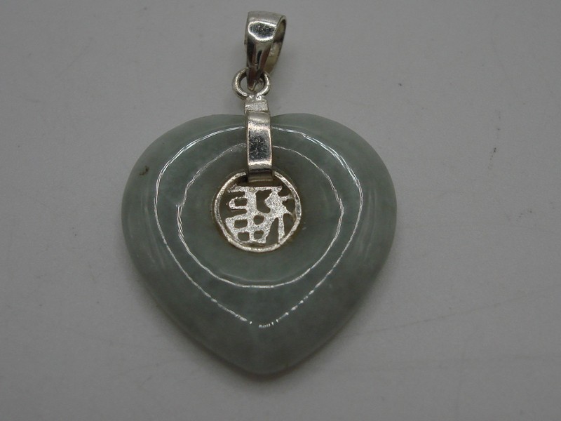 Genuine jadeite heart pendant with luck symbol in sterling silver 925