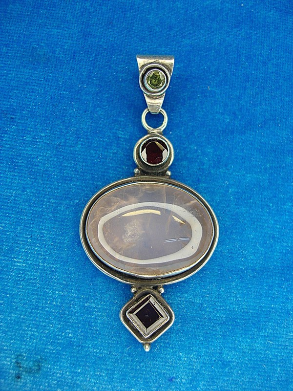 Handmade Sterling Silver Pink Quartz & Colored Stone Pendant