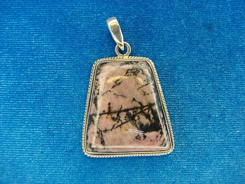 Handmade sterling silver rhodonite pendant with pink and black gemstone