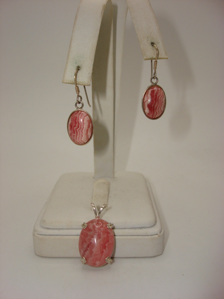Vintage sterling silver rhodochrosite pendant and dangle earrings set