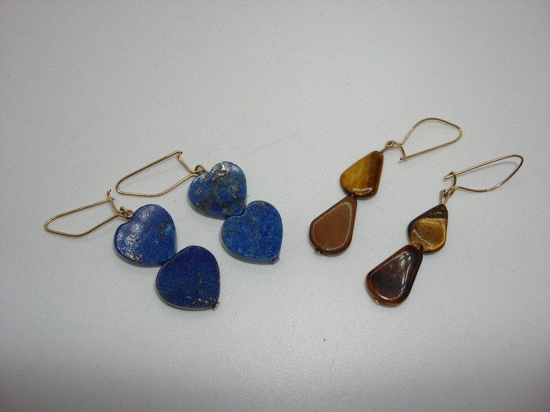 Handmade gold-tone dangle earrings with lapis lazuli and tiger's eye gemstones