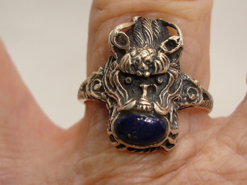 Vintage Tibetan silver lapis dragon ring, size 6.5