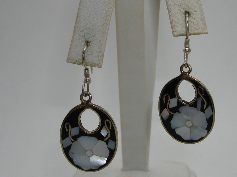 Vintage Mexican silver dangle earrings with mother of pearl inlay