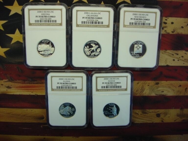 Five 2008 proof silver quarters, NGC graded PF70 Ultra Cameo
