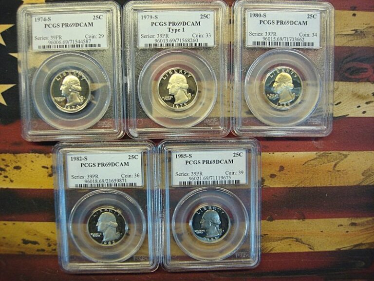 Five proof Washington quarters from 1974-1985, graded PCGS PR69DCAM
