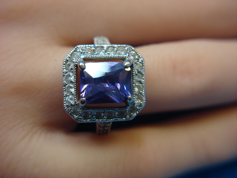 Sterling silver ring with faux amethyst and simulated diamonds, size 8