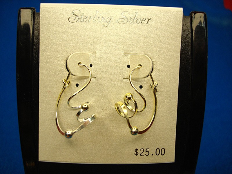 Vintage mod style sterling silver dangle earrings with gold highlights, unworn