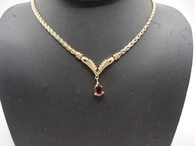 Vintage Sterling Silver Vermeil Chevron Necklace with Red CZ
