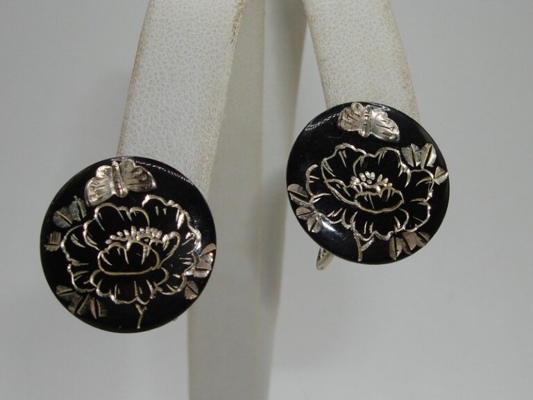 Vintage sterling silver Damascus butterfly earrings with floral enamel, made in Kyoto, Japan.