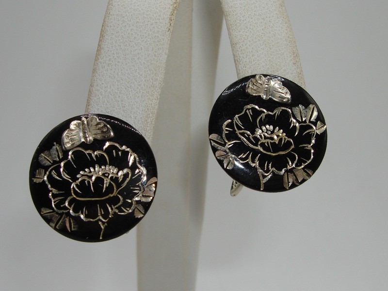 Vintage sterling silver Damascus butterfly earrings with floral enamel, made in Kyoto, Japan.