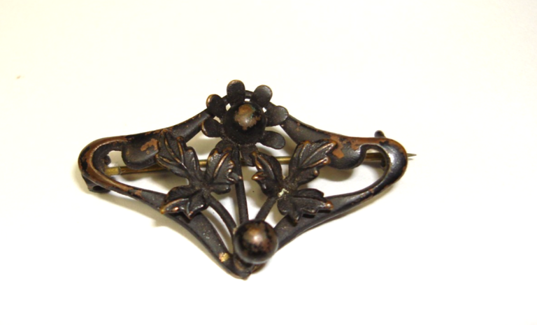 Antique Art Nouveau mourning brooch with copper botanical design