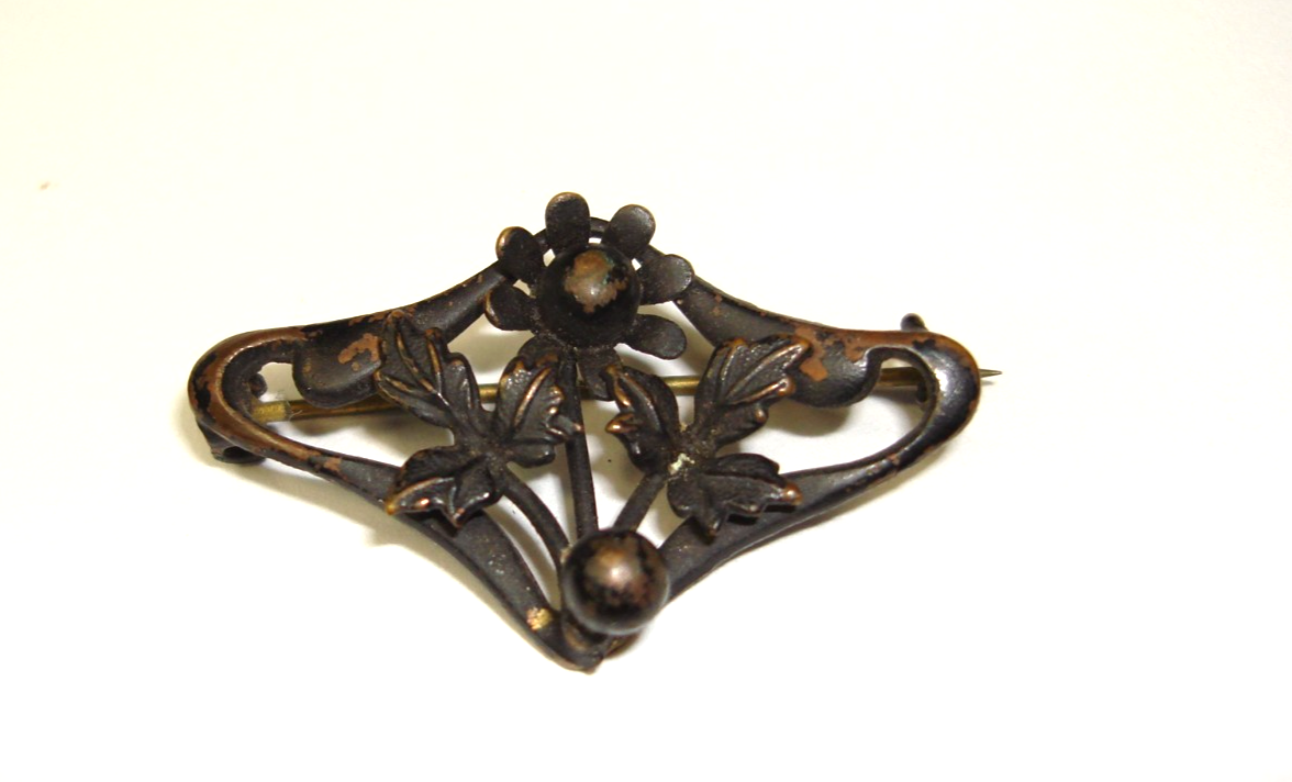 Antique Art Nouveau mourning brooch with copper botanical design