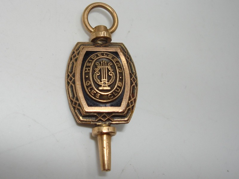 Gold tone enamel fob pin, Heidelberg Glee Club pocket watch key, 1930s-40s