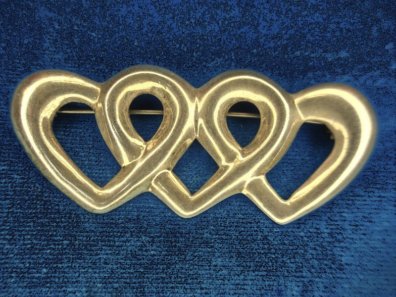 Sterling silver triple heart pin, elegant statement jewelry