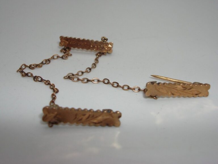 Set of 3 vintage Art Deco rose gold lingerie pins with chains, marked S&G