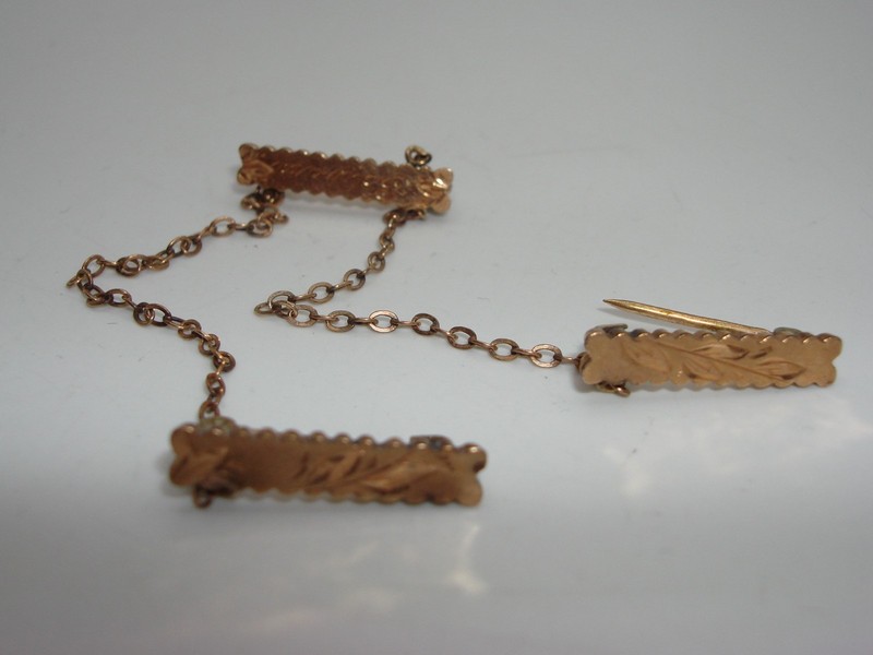 Set of 3 vintage Art Deco rose gold lingerie pins with chains, marked S&G