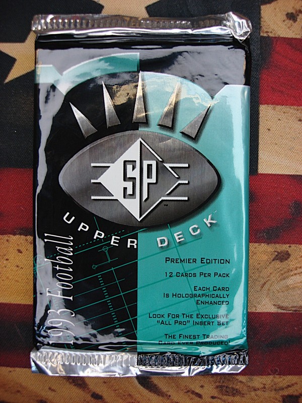 Sealed pack of 12 cards from the 1993 Upper Deck SP Football set, featuring Barry Bettis and Rick Bledsoe rookie cards.