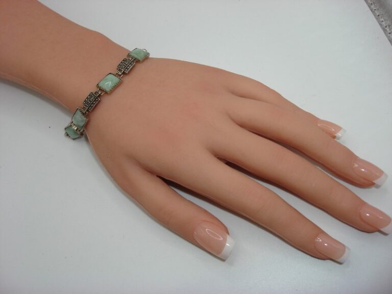 Vintage Sterling Silver Jadeite and Marcasite Bracelet