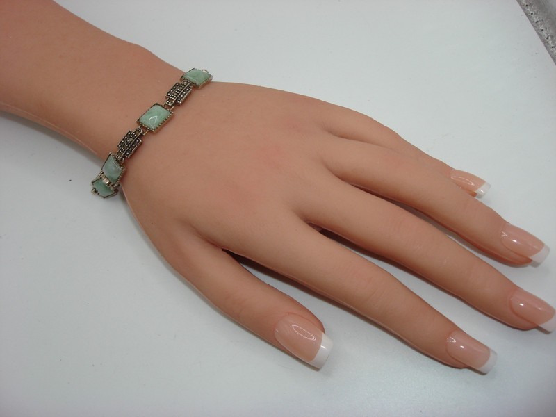 Vintage Sterling Silver Jadeite and Marcasite Bracelet