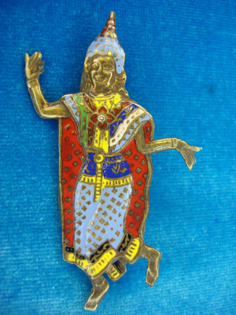 Vintage sterling silver enameled Hindu god brooch pin