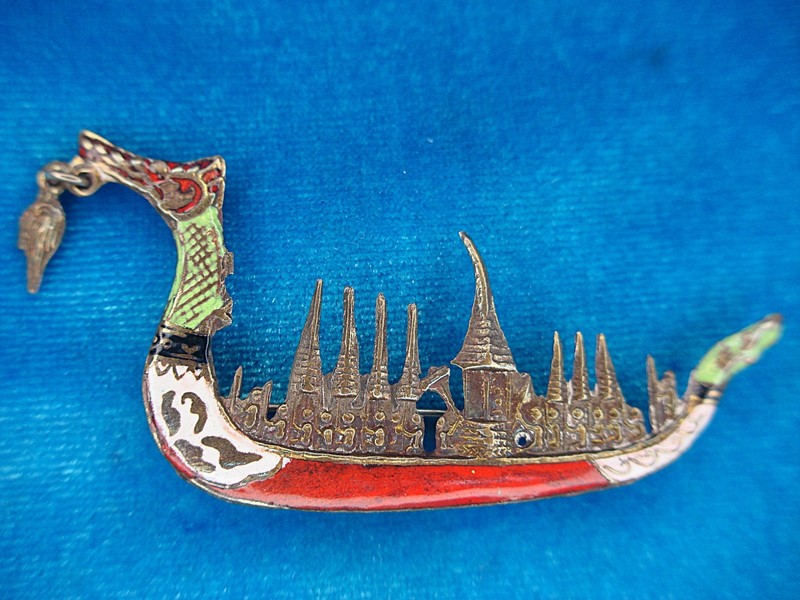 Vintage Siamese enameled dragon boat brooch pin