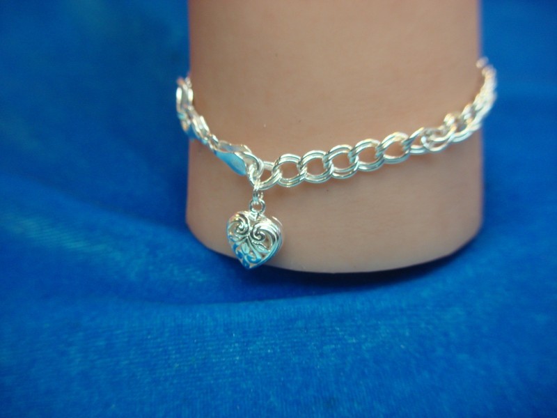 Sterling silver double link bracelet with heart charm, 7 inches