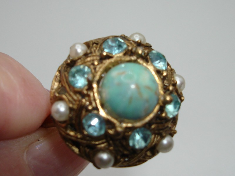 Vintage Czech faux pearl and turquoise ring, adjustable size