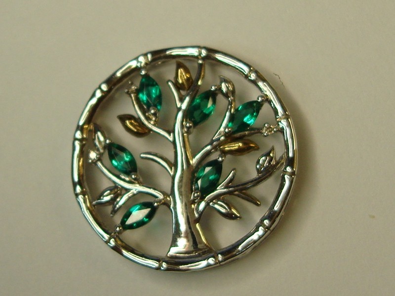 Vintage Alwand Vahan sterling silver and 10K gold pendant with emerald green stones, Tree of Life design