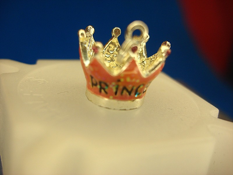 Sterling silver princess crown charm with pink enamel and glitter