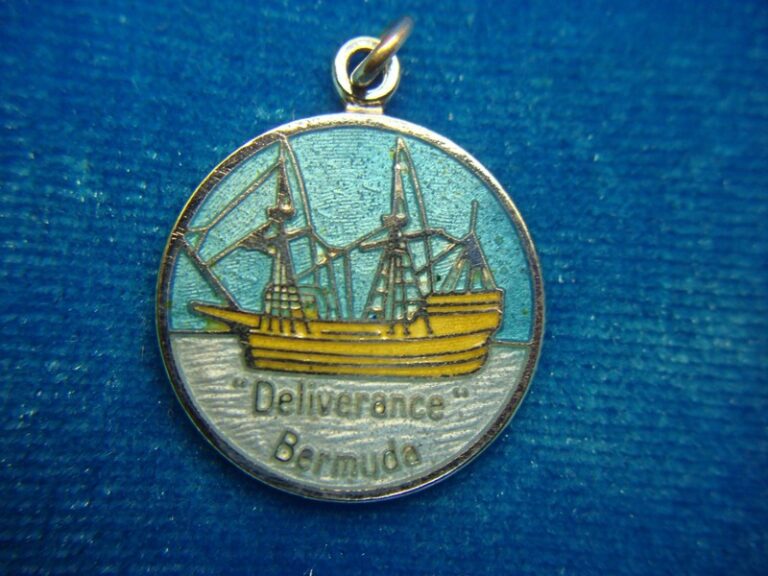 Vintage sterling silver ship charm with enameling, featuring the inscription 'DELIVERANCE'