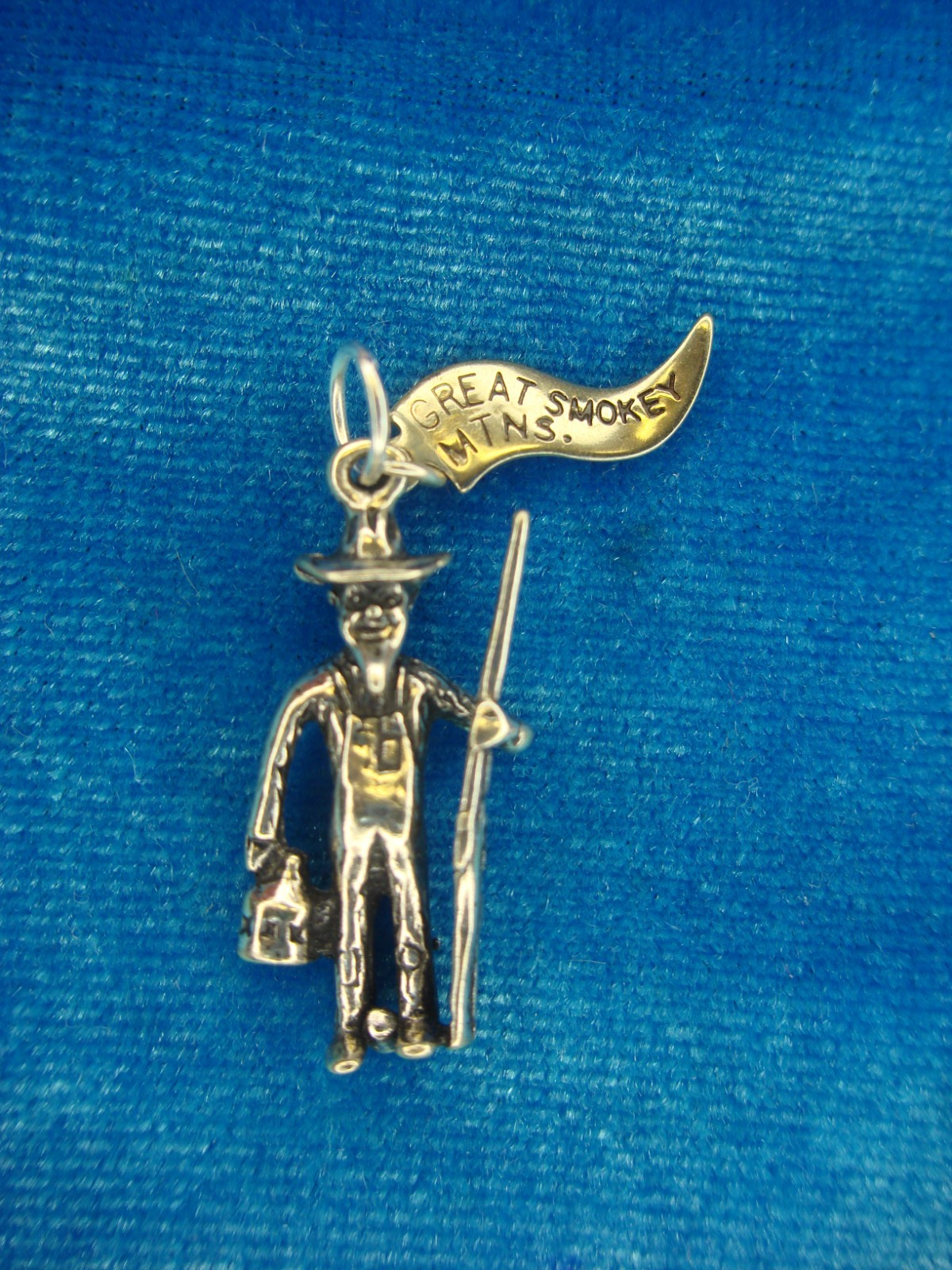 Vintage sterling silver Smoky Mountain Man charm with shotgun and jug