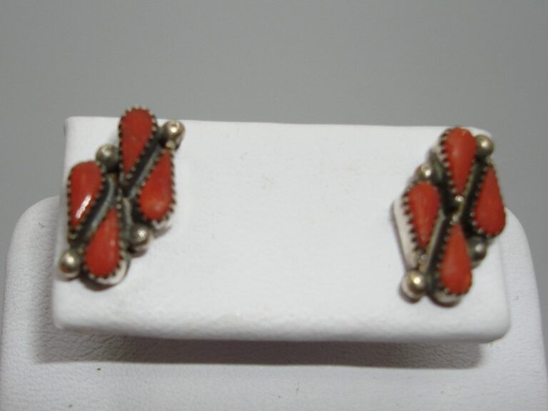 Vintage Zuni coral sterling silver needlepoint earrings