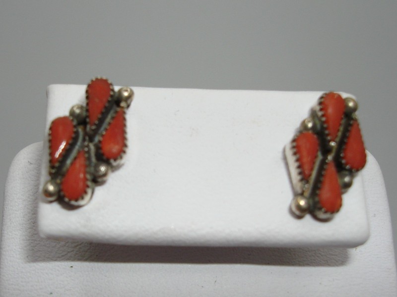 Vintage Zuni coral sterling silver needlepoint earrings