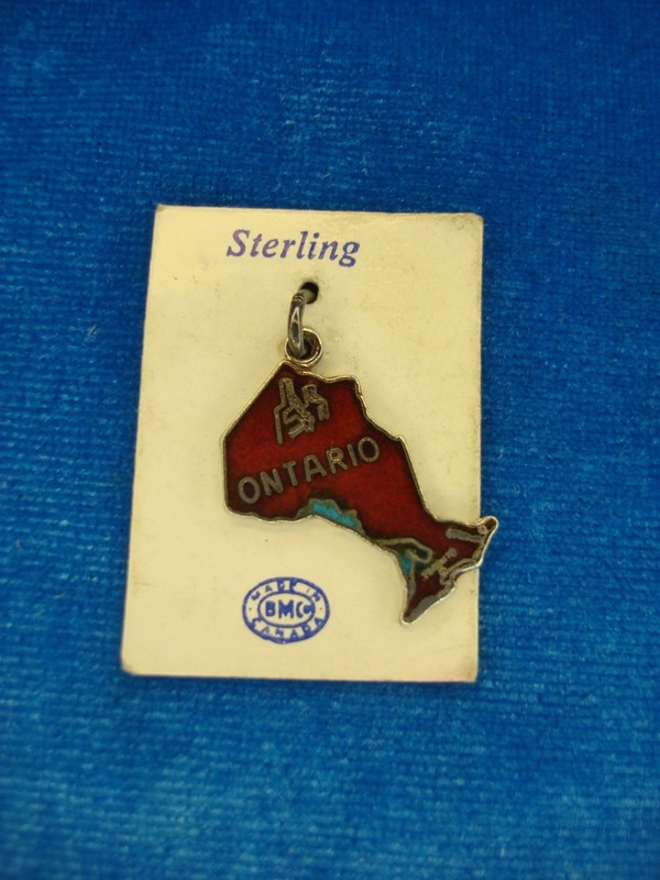 Vintage sterling silver Ontario Canada enamel charm on card