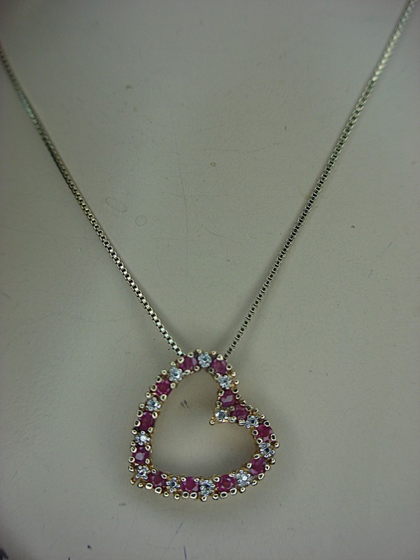 Gold vermeil ruby and diamond heart pendant necklace in sterling silver