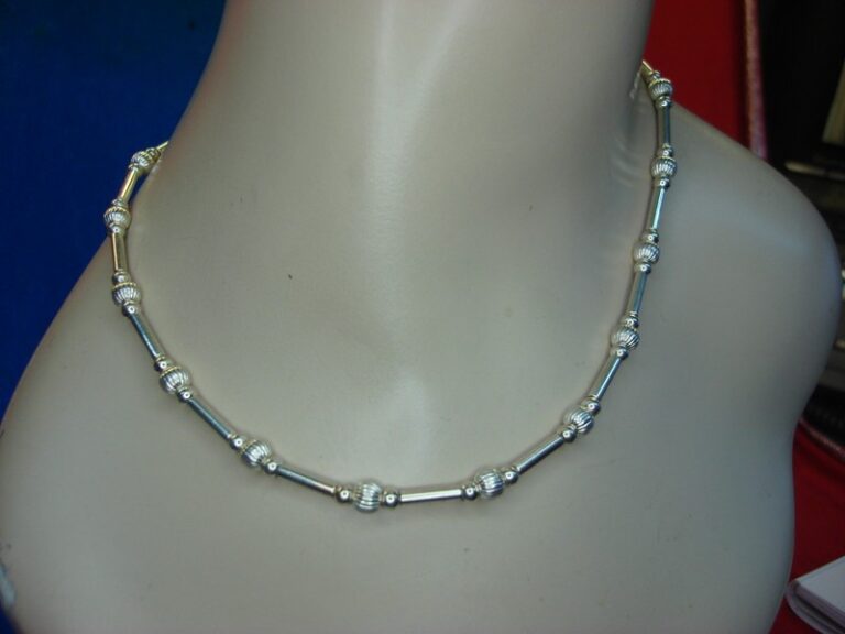Sterling silver necklace with beads and tubes, 17 inches