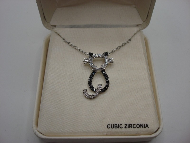 Sterling silver CZ kitten pendant necklace with adjustable chain