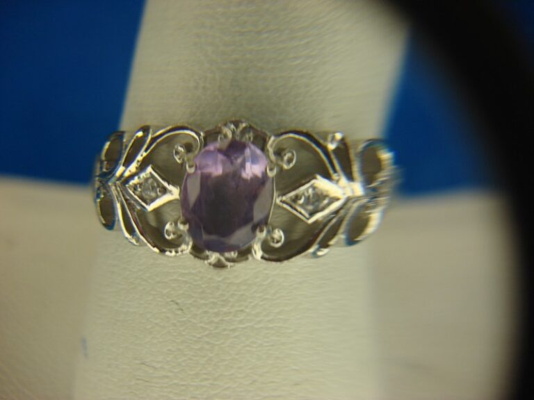 Amethyst and diamond accent filigree sterling silver ring, size 9