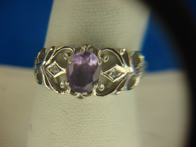 Amethyst and diamond accent filigree sterling silver ring, size 9