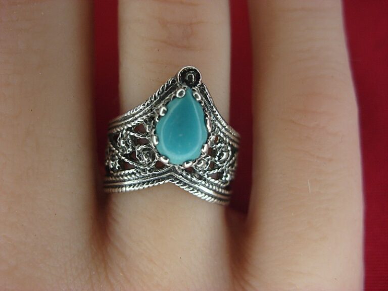 Sterling silver filigree ring with pear-shaped turquoise stone, size 6 1/4