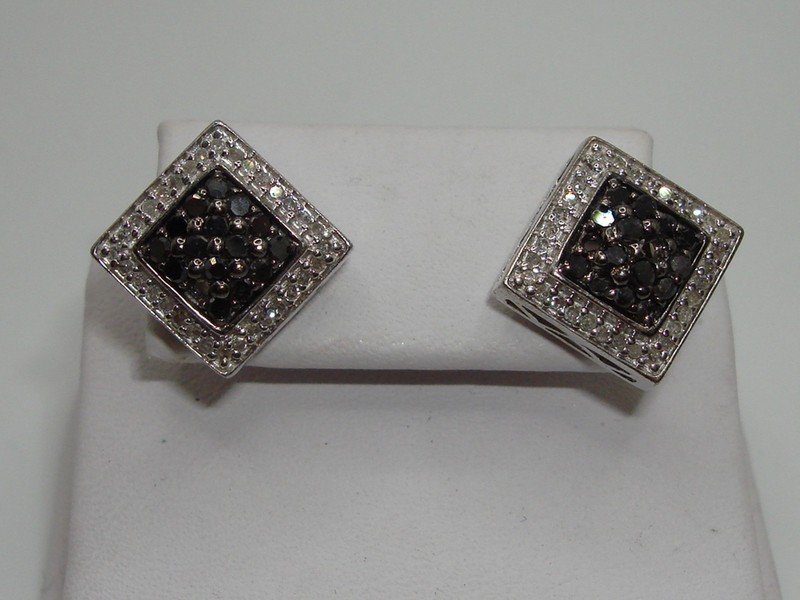 Sterling silver black and white diamond stud earrings