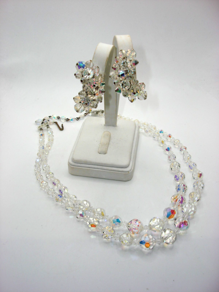 Vintage 1960s-70s AB Crystal Necklace and Clip-On Earrings Set