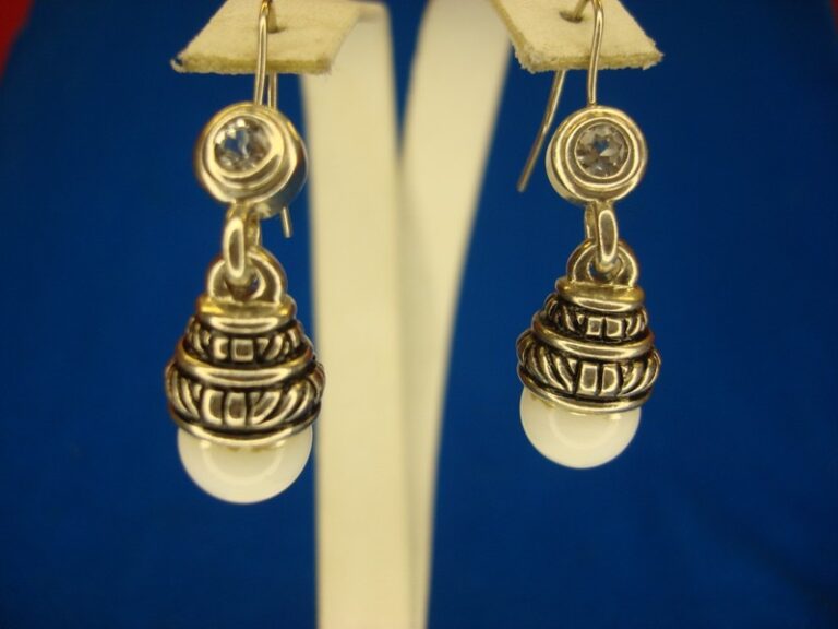 Judith Ripka sterling silver dangle earrings with white bead and clear stone