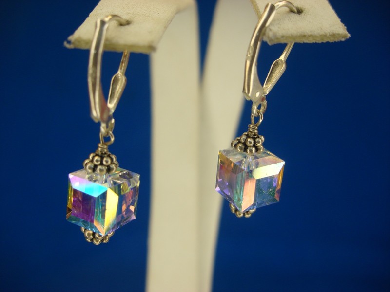 Sterling silver dangle earrings with iridescent cube design