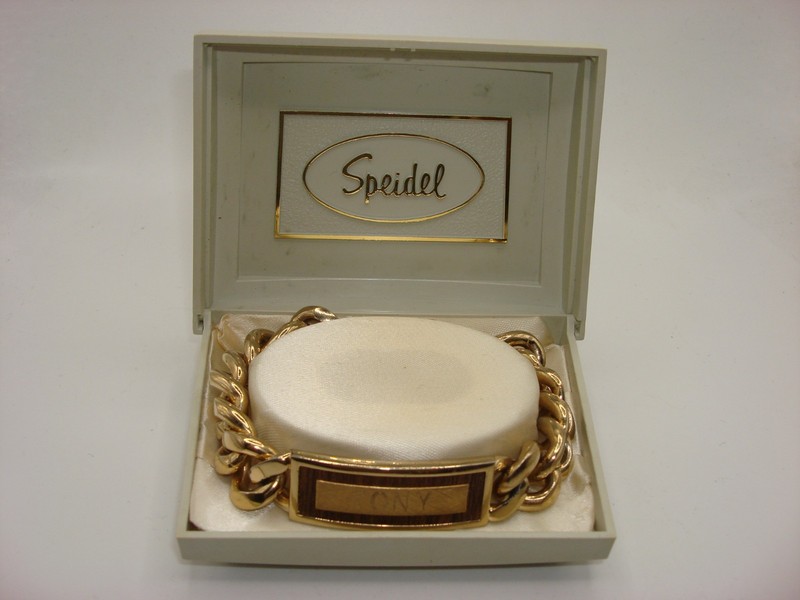 Vintage Speidel gold-tone men's ID bracelet engraved with 'TONY', original box
